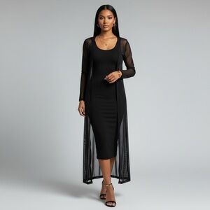 Windsor Black Sheer Stretch Mesh Long Sleeve Maxi Cardigan Cover Up Duster